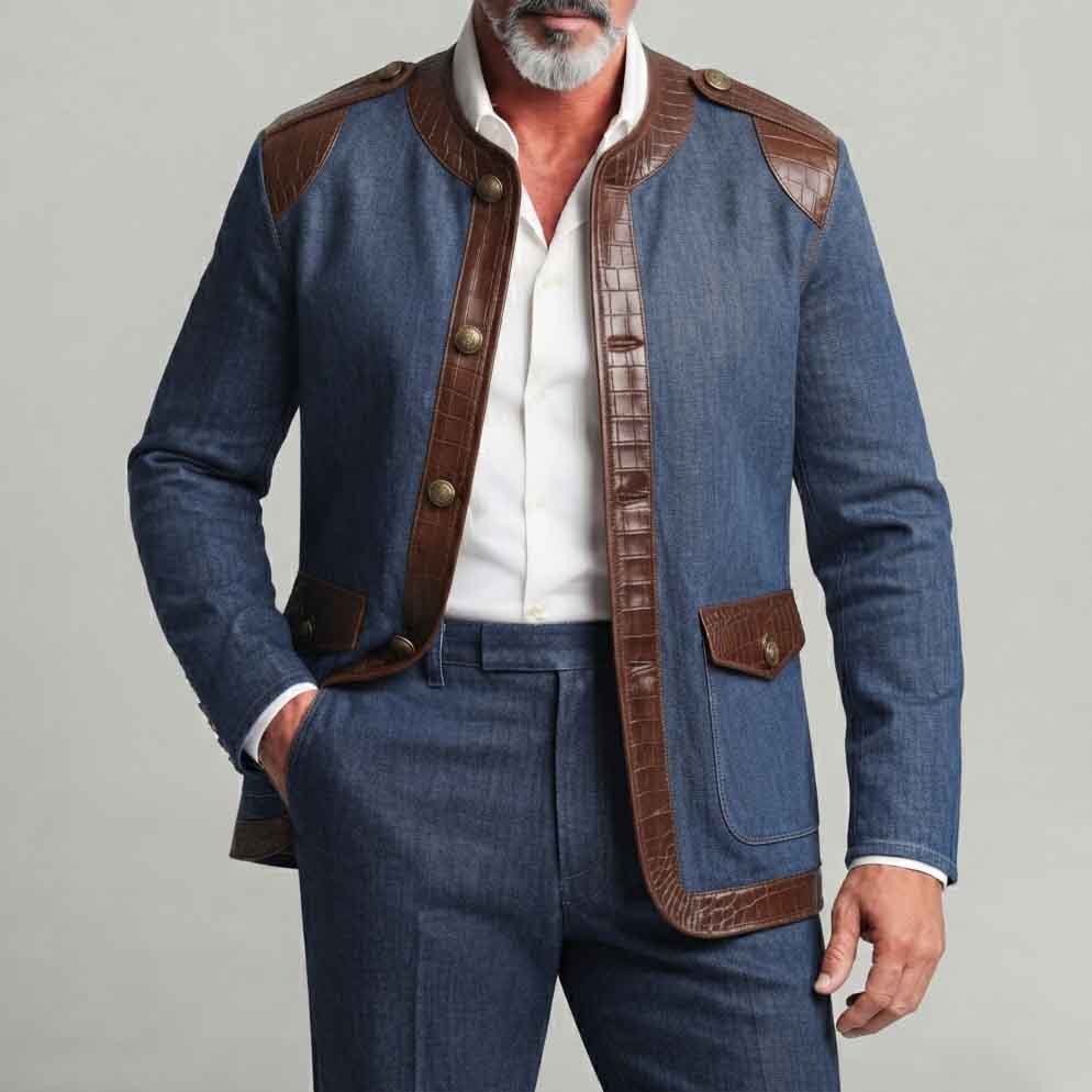 Men's Vintage PU Leather Patchwork Flap Pockets Single-Breasted Denim Jacket