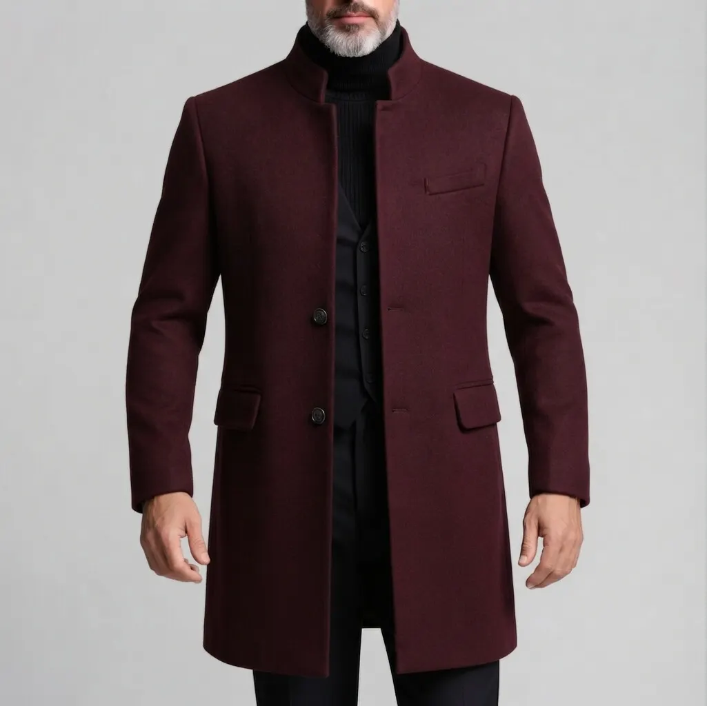 Men's Smart Casual Solid Stand Collar Single Breasted Long Sleeve Mid Length Woolen Coat