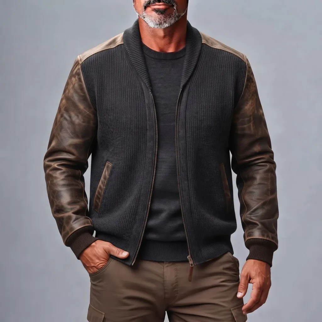 Men's Charcoal Ribbed Knit Shawl Lapel PU Leather Patchwork Long Sleeve Zipper Cardigan