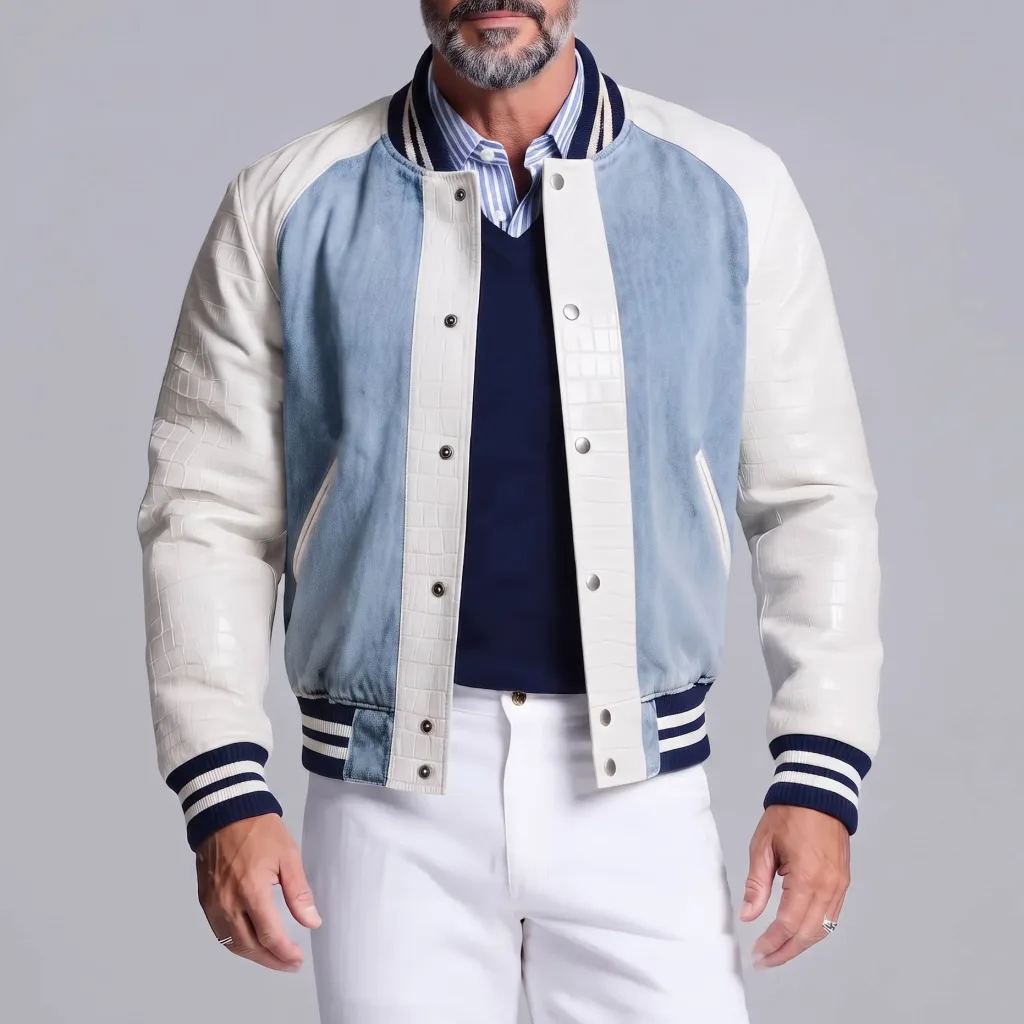 Men's Colorblock Denim Patchwork PU Leather Long Sleeve Single Breasted Bomber Jacket