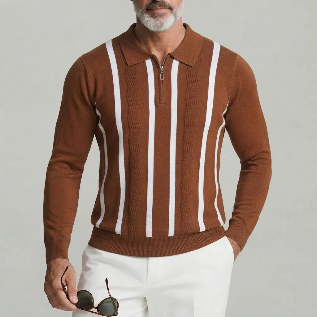 Men's Classic Contrast Striped Turndown Collar Half-Zip Long Sleeve Polo Shirt