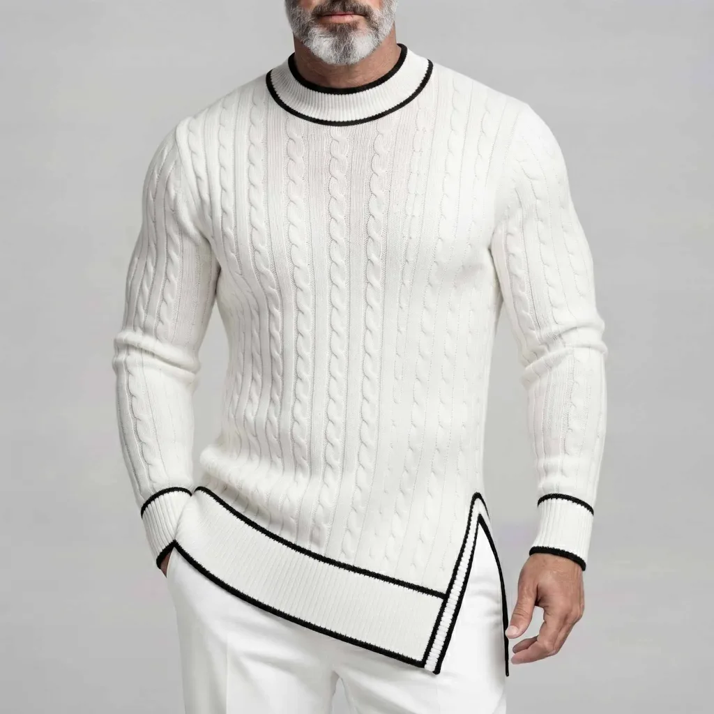 Men's White Contrast Piping Crew Neck Irregular Slit Hem Pullover Cable Knit Sweater