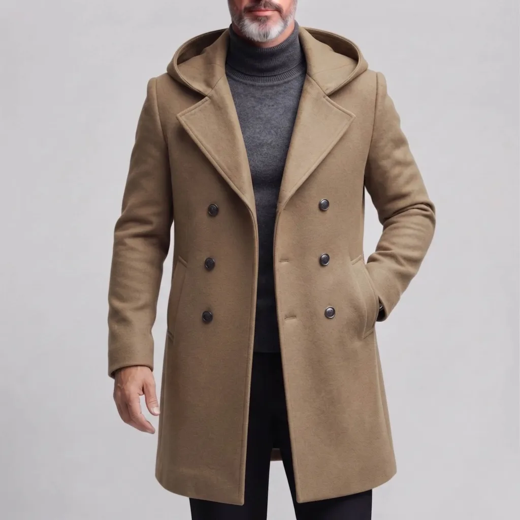 Men's Classic Plain Double-Breasted Slant Pockets Hooded Mid-Length Woolen Coat