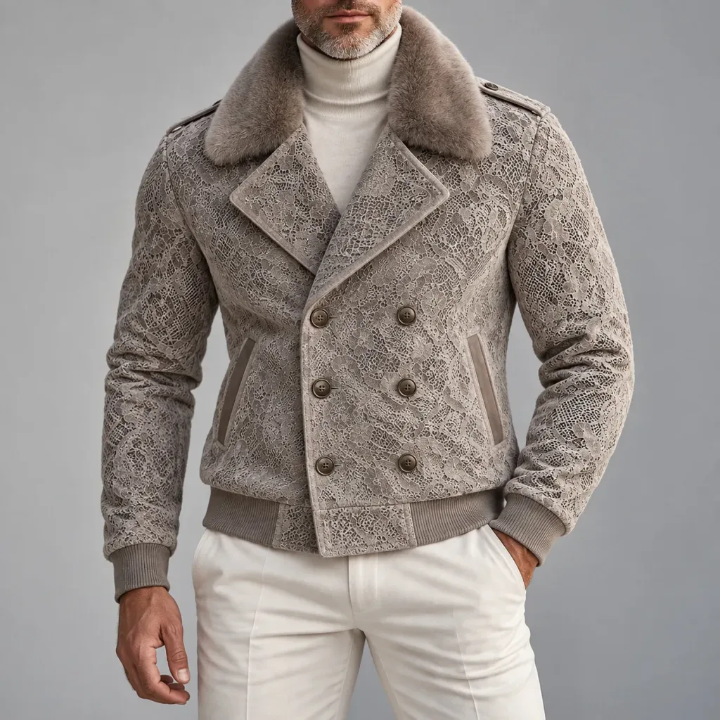 Men's Taupe Elegant Lace Contrast Fuzzy Collar Slant Pocket Double-Breasted Slim Fit Jacket