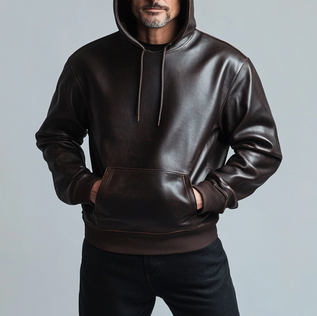 Men's Retro Solid Pocket PU Leather Drawstring Hoodie