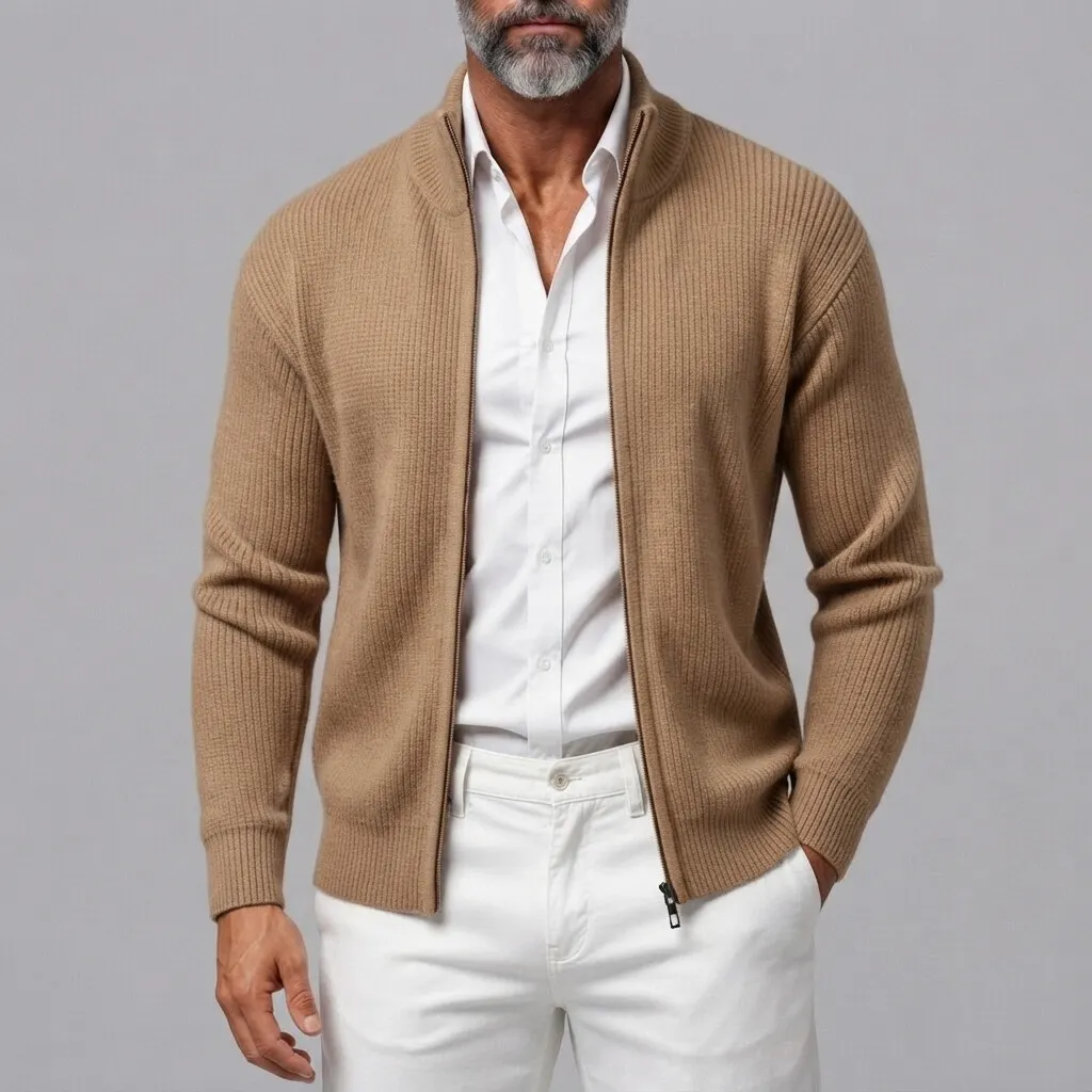 Men's Casual Solid Color Stand Collar Ribbed Knit Zipper Cardigan