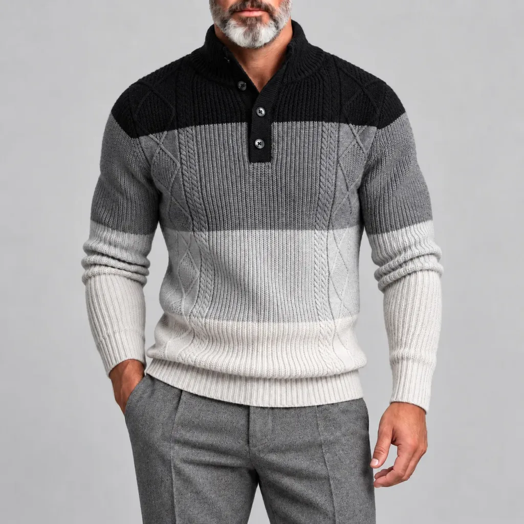 Men's Color Block Cable Knit Stand Collar Half Placket Pullover Sweater