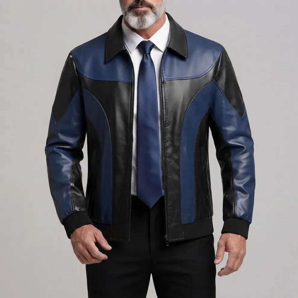 Men's Navy Blue PU Leather Colorblock Turndown Collar Zip-Up Jacket
