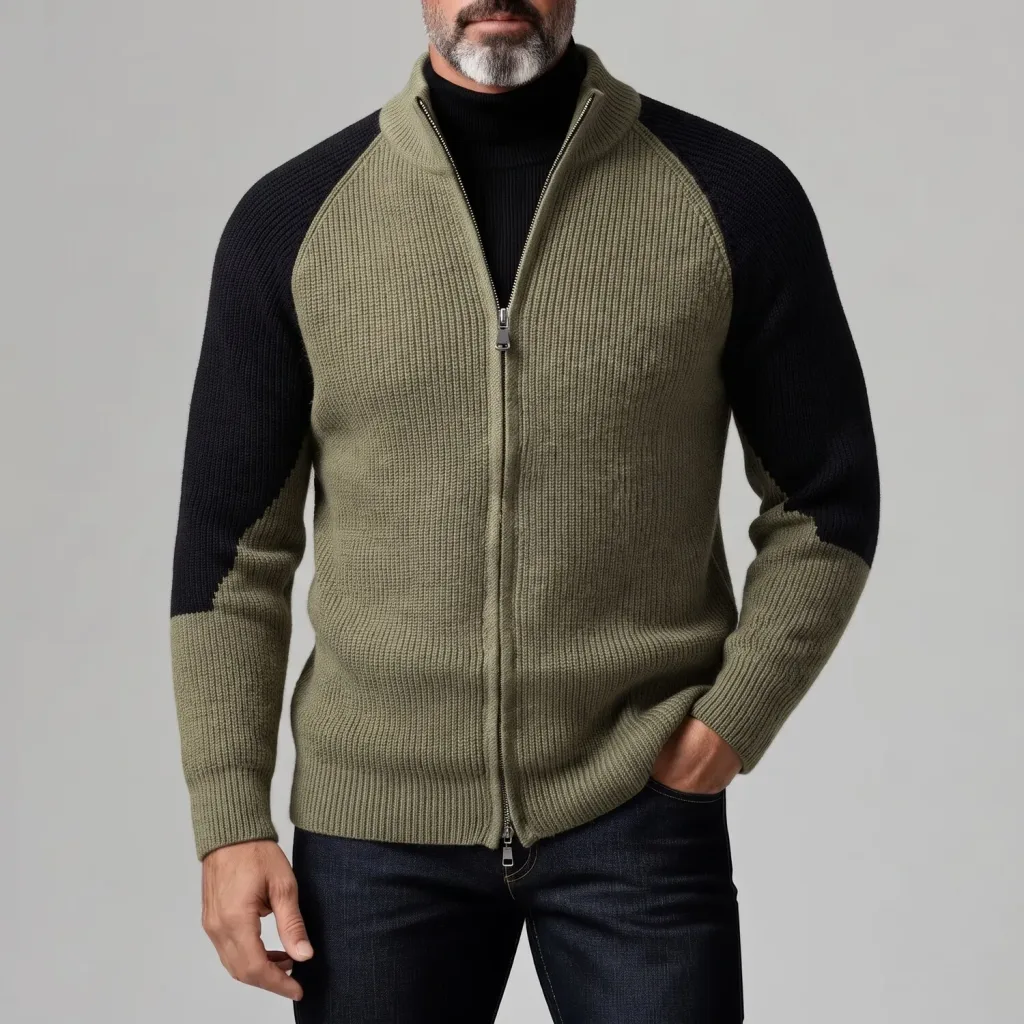 Men's Colorblock Stand Collar Raglan Sleeve Ribbed Knitted Zipper Cardigan