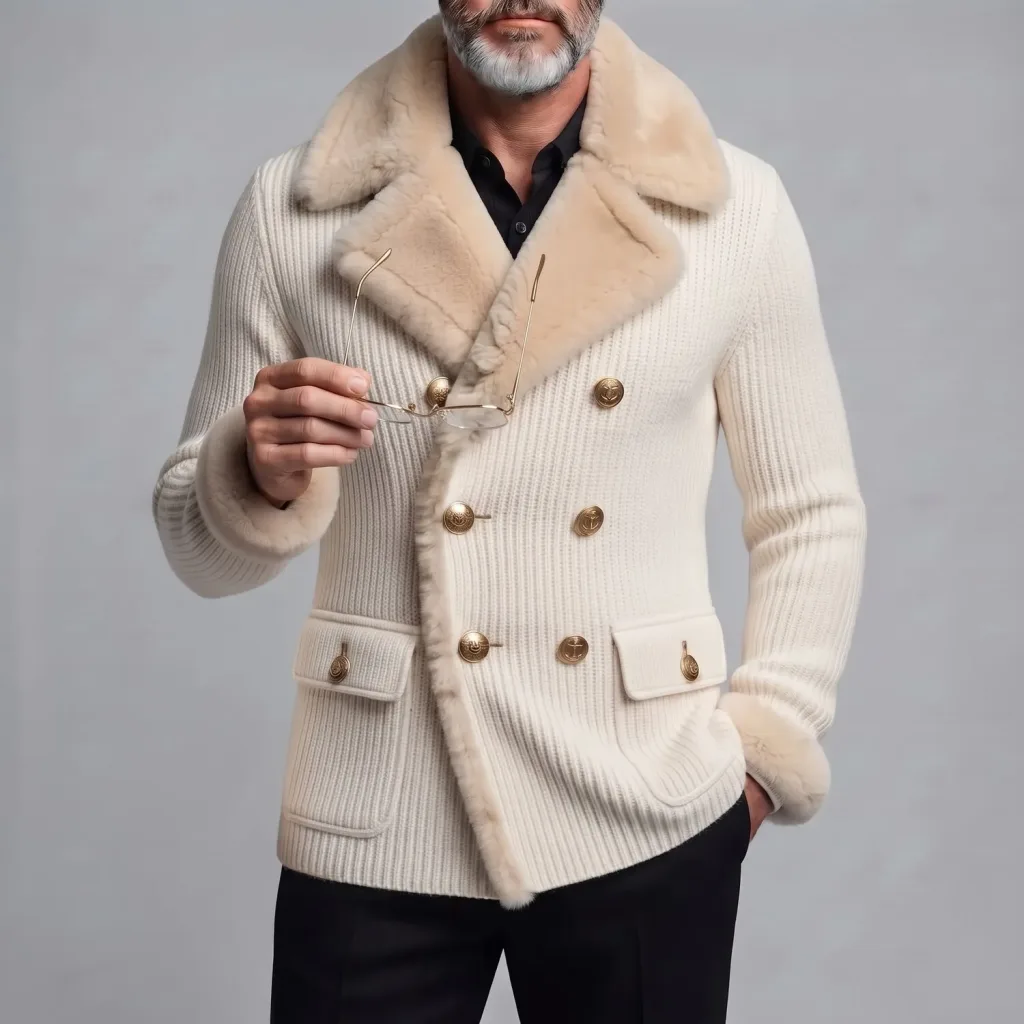 Men's Beige Ribbed Knit Contrast Fuzzy Notched Lapel Gold Double-Breasted Slim Fit Blazer