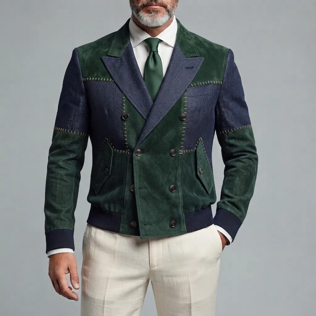 Men's Colorblock Suede Stitching Double-Breasted Peak Lapel Jacket