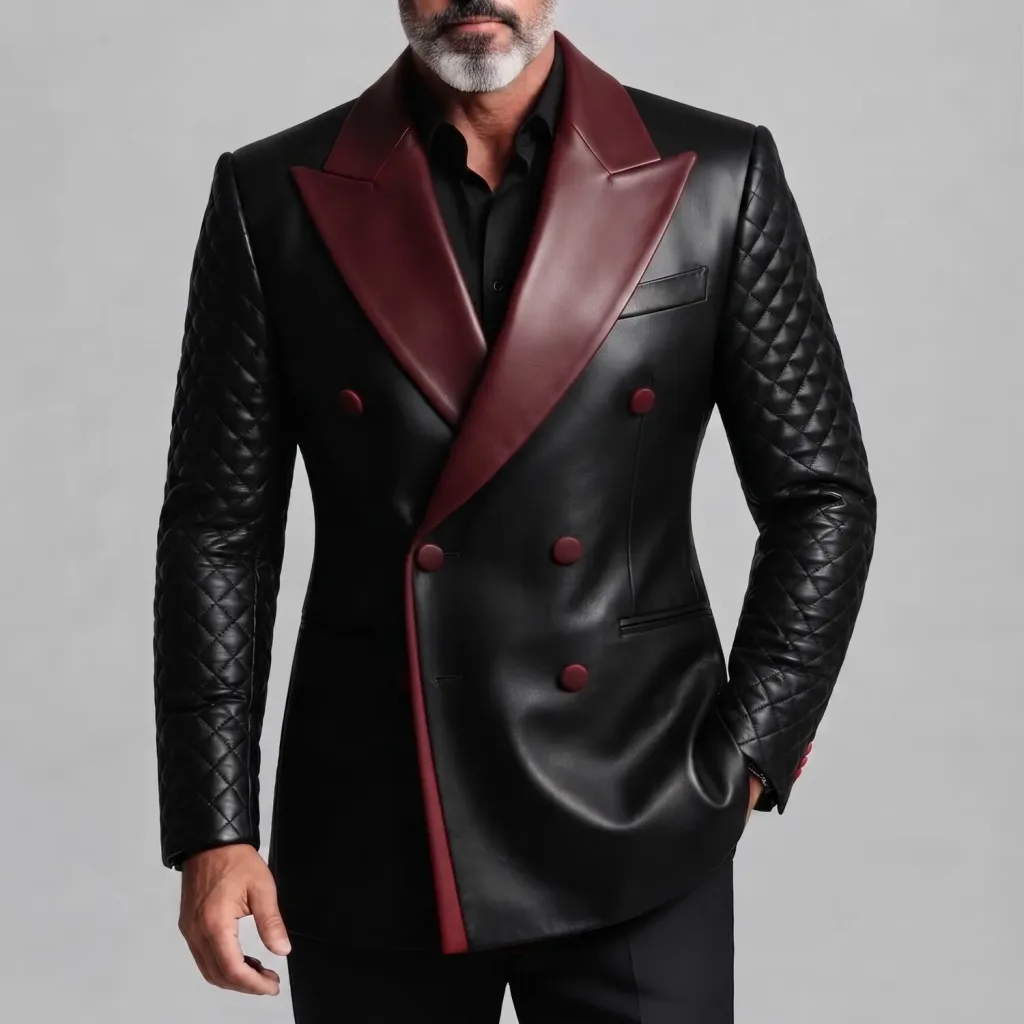 Men's Black PU Leather Contrast Peak Lapel Double Breasted Quilted Long Sleeve Blazer