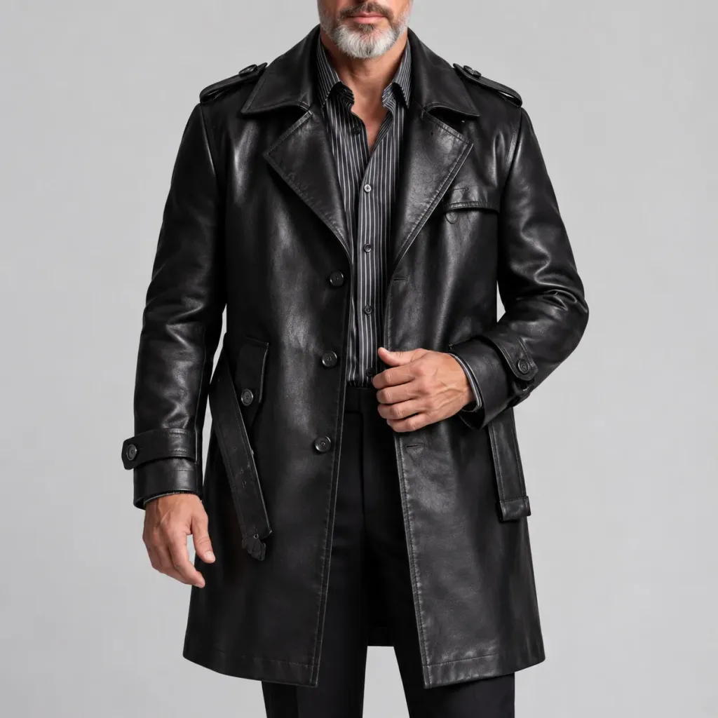Men's Black PU Leather Lapel Collar Single-Breasted Belted Windproof Mid-Length Trench Coat