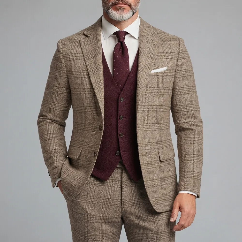 Men's Vintage Plaid Print Two Button Notch Lapel Slim Fit Business Casual Blazer