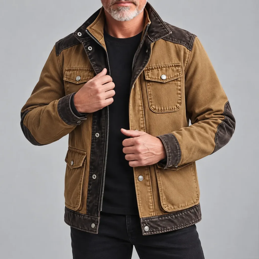 Men's Vintage Color Block Stand Collar Multi-Pocket Snap Buttons Zip-Up Denim Jacket