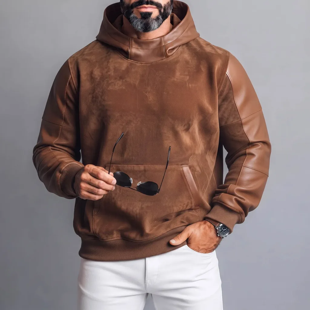 Men's Vintage Brown Suede PU Leather Spliced Long Sleeve Pocket Pullover Hoodie