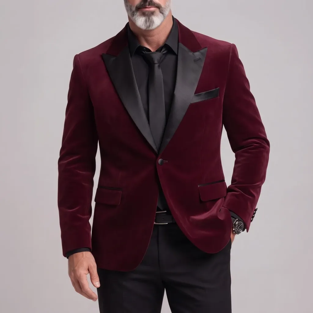 Men's Burgundy Velvet Plain Contrast Peak Lapel One Button Slim Fit Formal Blazer