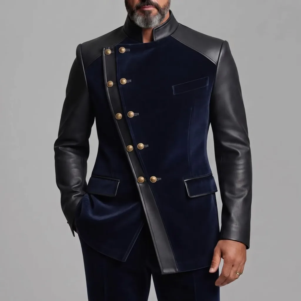 Men's Navy Blue Velvet Spliced PU Leather Long Sleeve Stand Collar Asymmetric Double-Breasted Jacket