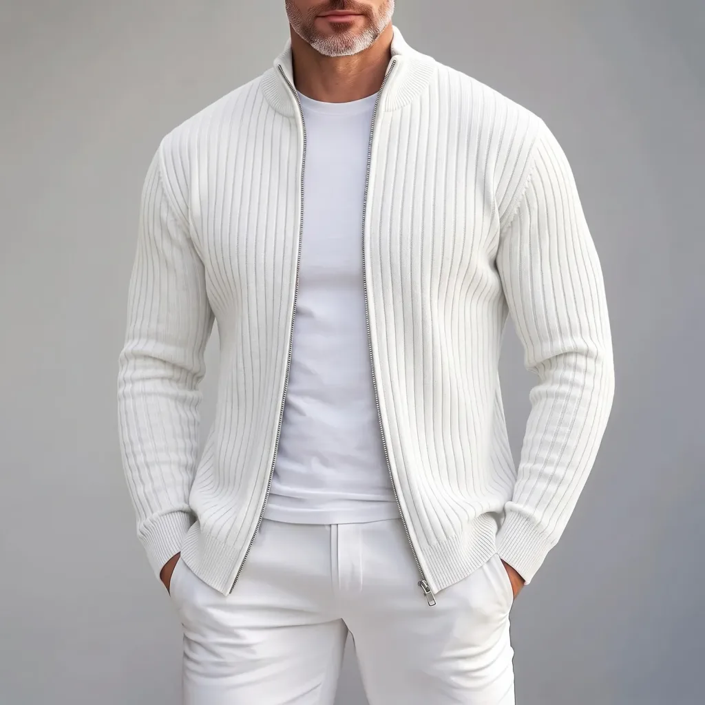 Men's Daily Solid Ribbed Stand Collar Full Zip Long Sleeve Knit Cardigan