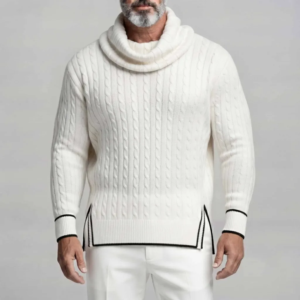 Men's White Heaps Collar Contrast Binding Split Hem Cable Knit Pullover Sweater