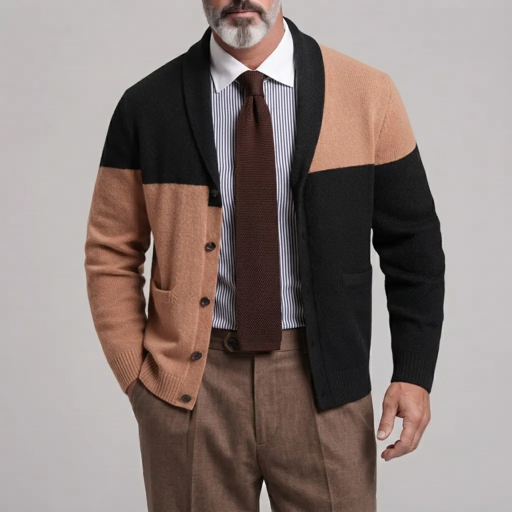 Men's Colorblock Shawl Lapel Patch Pockets Single Breasted Knit Sweater Cardigan