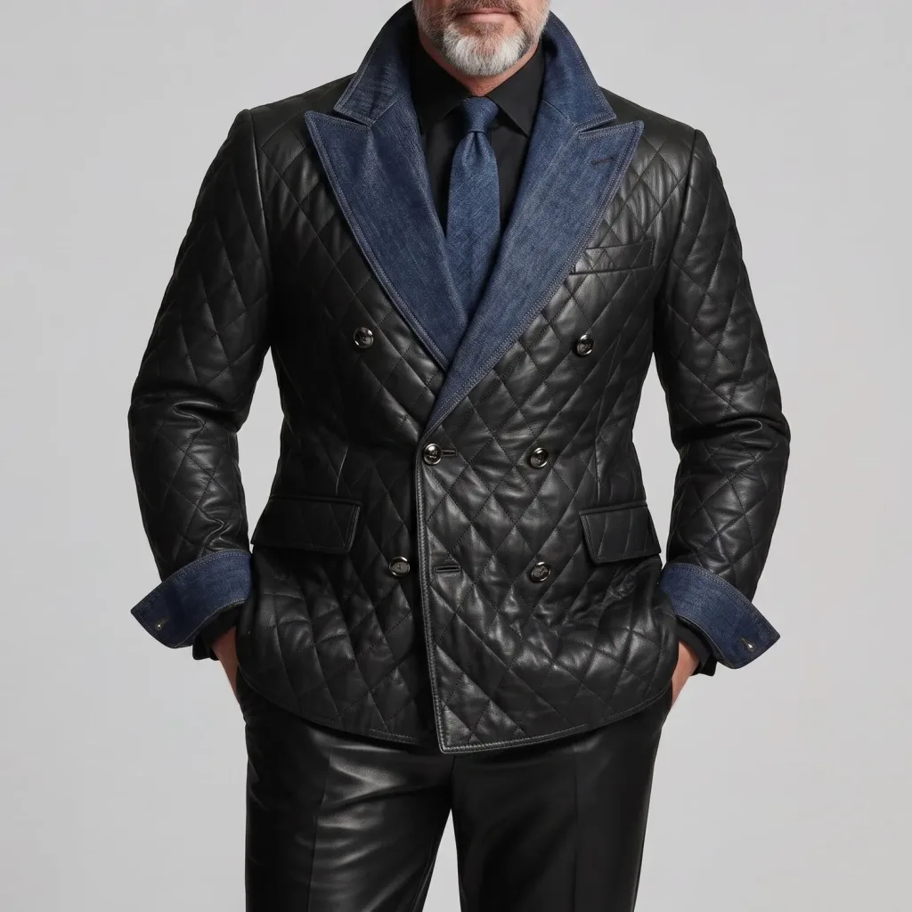Men's Black Double-Breasted Denim Contrast Peak Lapel Quilted PU Leather Blazer