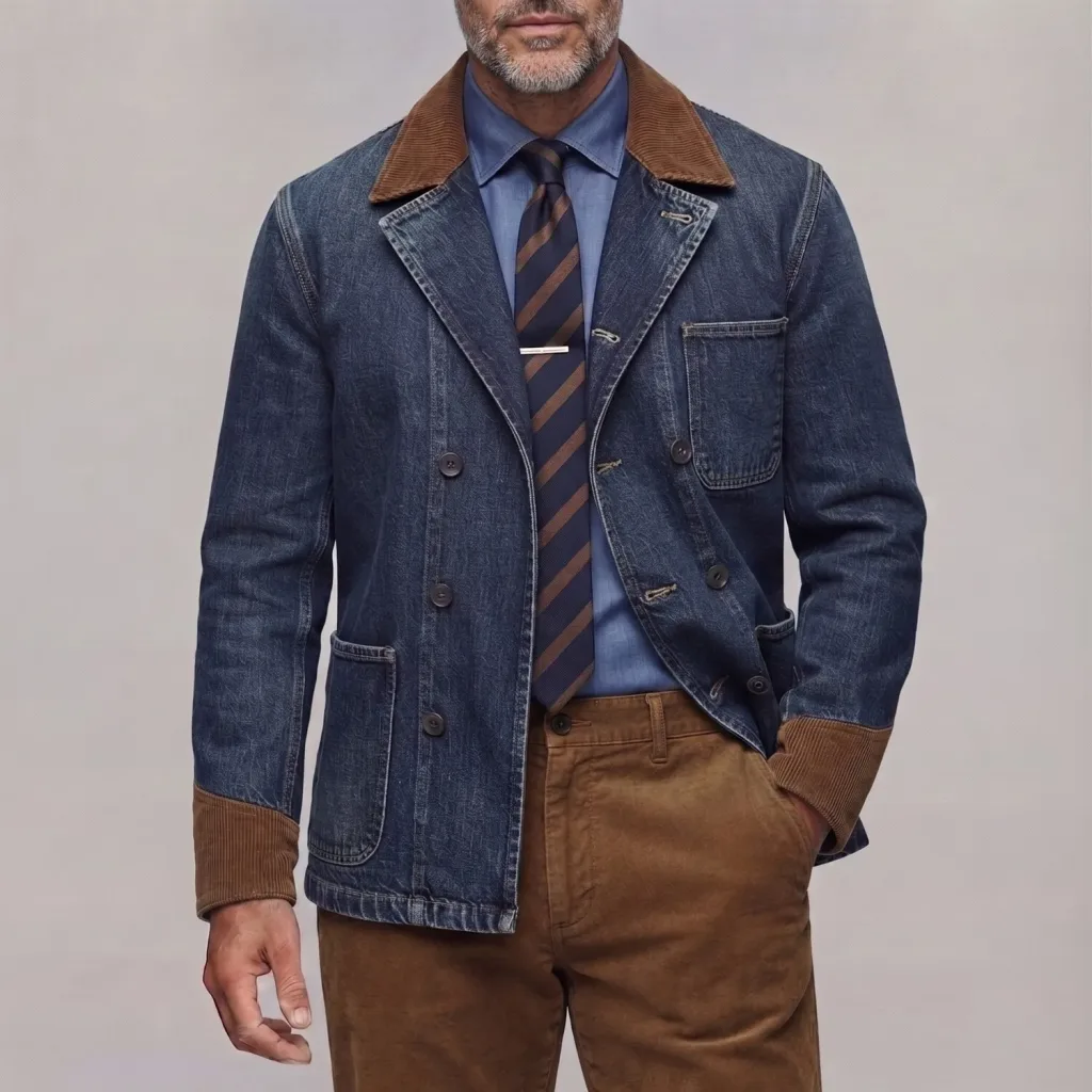 Men's Vintage Denim Corduroy Patchwork Lapel Collar Double-Breasted Jacket