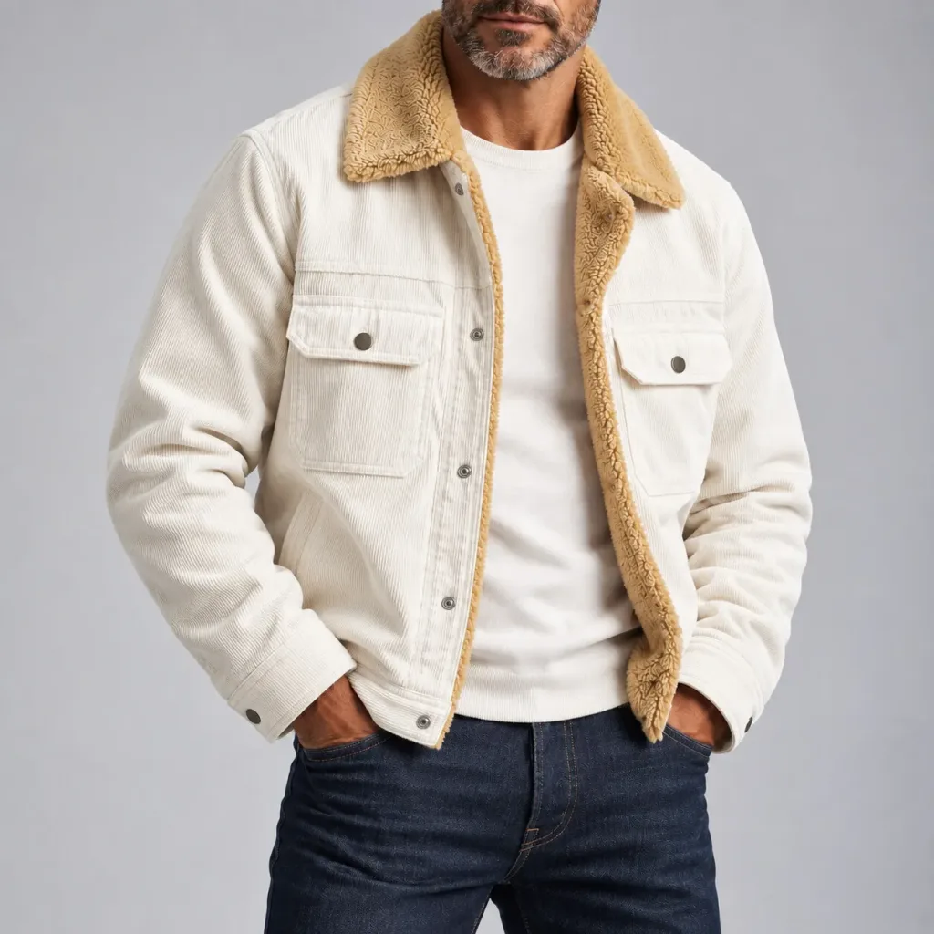 Men's Casual Plain Corduroy Multi-Pockets Snap Buttons Sherpa Lined Jacket