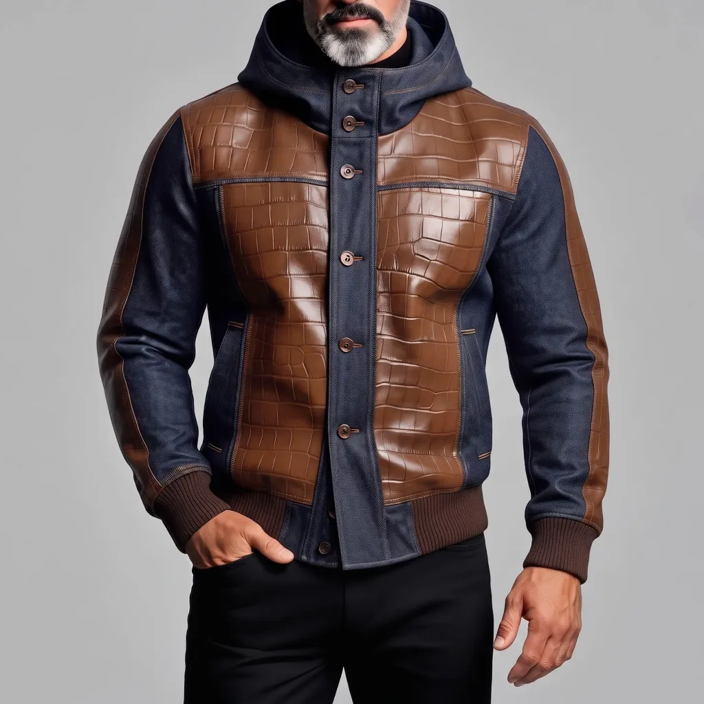 Men's Brown PU Leather Patchwork Denim Two-Tone Single Breasted Slant Pocket Hooded Jacket