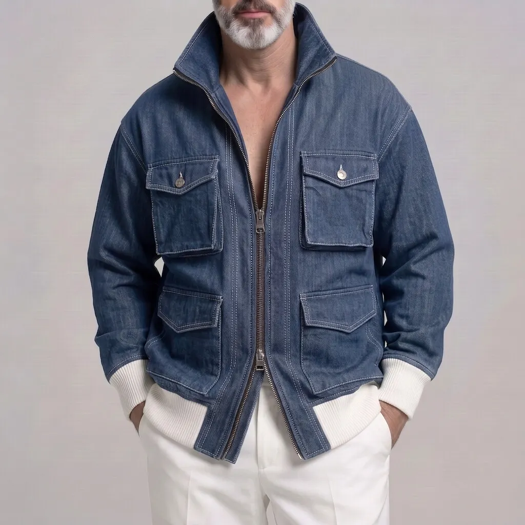 Men's Casual Solid Color Multi-Pocket Ribbed Hem Zip-Up Denim Jacket