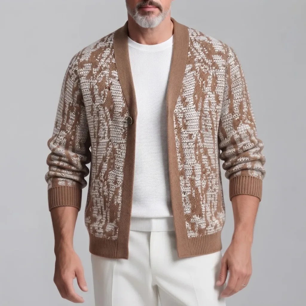 Men's Brown Abstract Pattern Single Button V Neck Long Sleeve Knit Cardigan