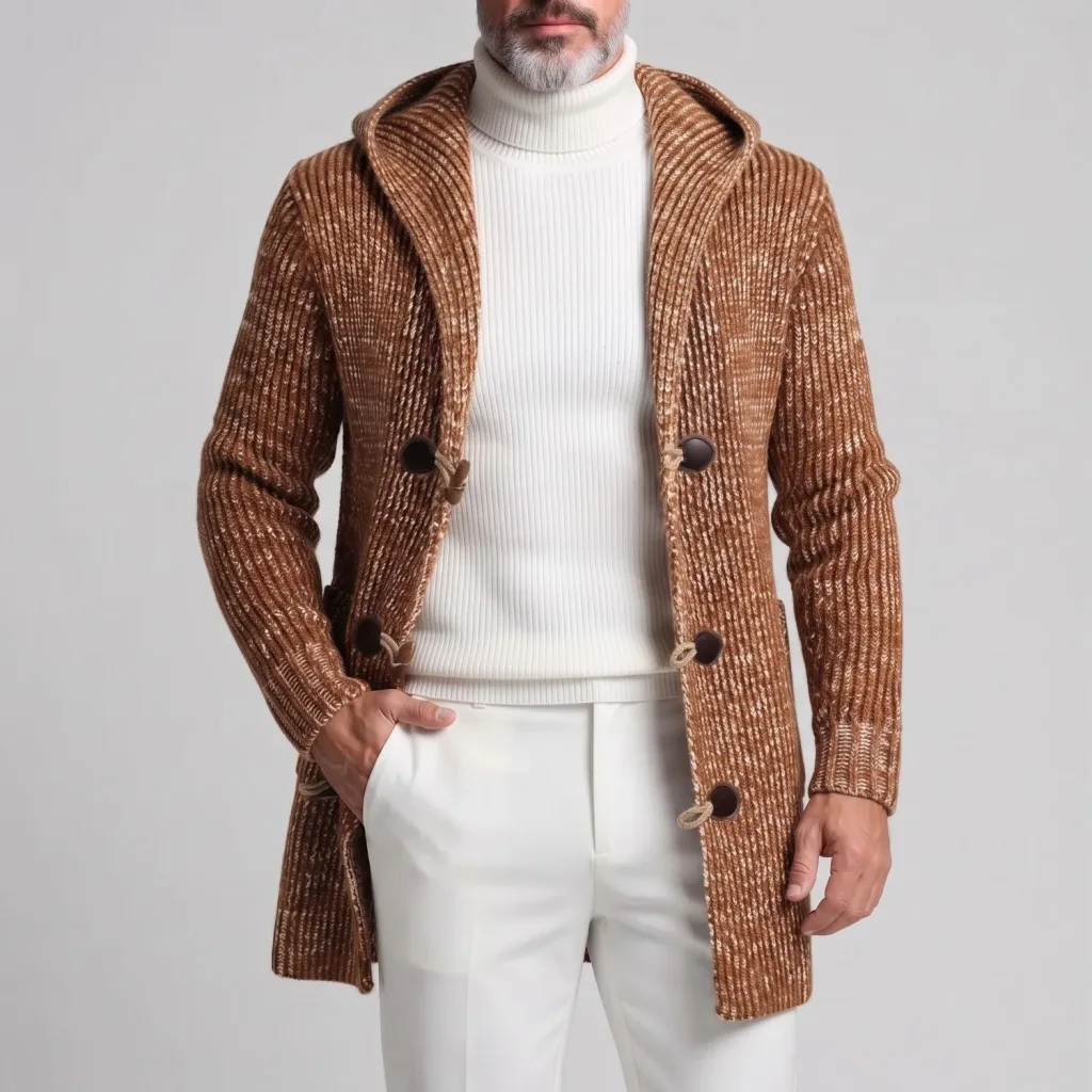 Men's Solid Color Toggle Buttons Pockets Knitted Hooded Mid-Length Cardigan