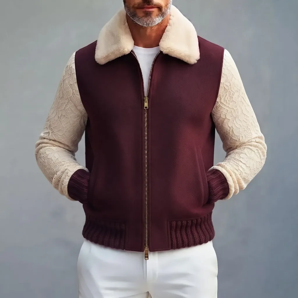 Men's Burgundy Fluffy Collar Lace Patchwork Long Sleeve Zip-Up Jacket