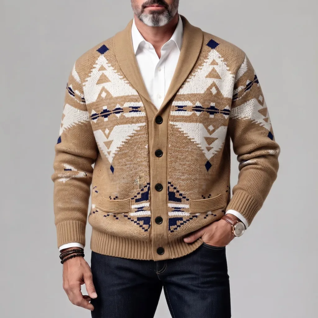 Men's Khaki Ethnic Style Geometric Pattern Shawl Lapel Single Breasted Knit Cardigan