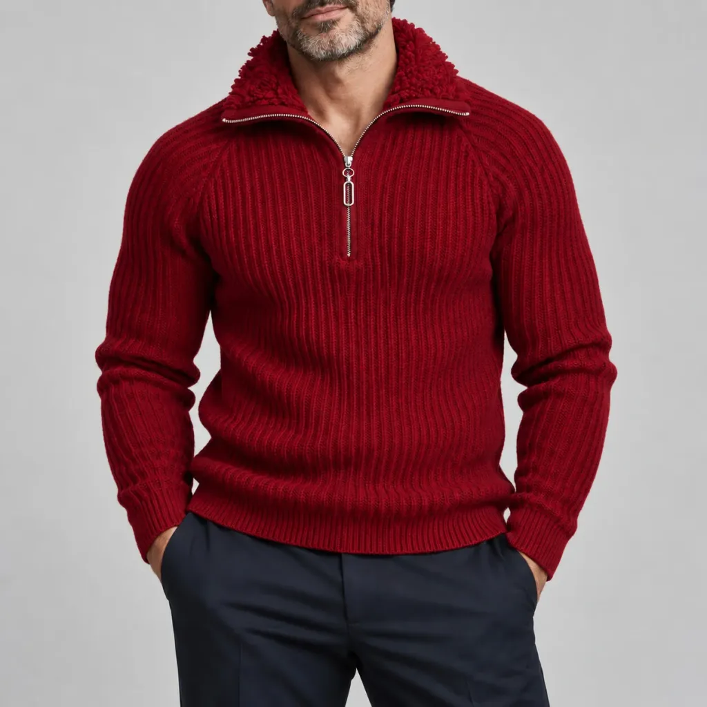 Men's Casual Solid Color Fluffy Collar Ribbed Knit Slim Fit Half-Zip Pullover Sweater