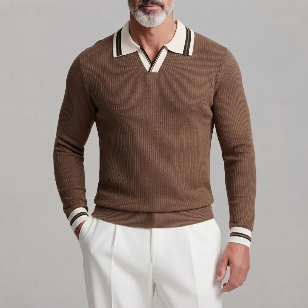 Men's Coffee Contrast Trim Ribbed Knit Pullover Slim Fit Casual Polo Shirt