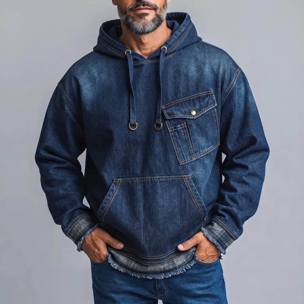 Men's Dark Blue Chest Pocket Frayed Hem Drawstring Pullover Denim Hoodie