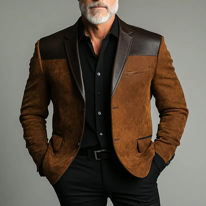 Men's Notched Lapel Two Button Suede Patchwork PU Leather Jacket