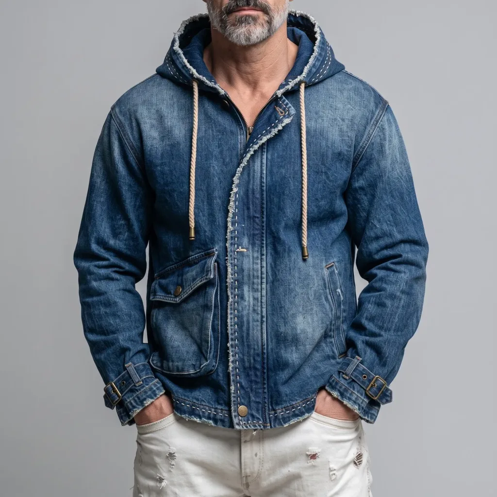 Men's Vintage Frayed Edge Metal Buckle Cuffs Zipper Washed Denim Hooded Jacket
