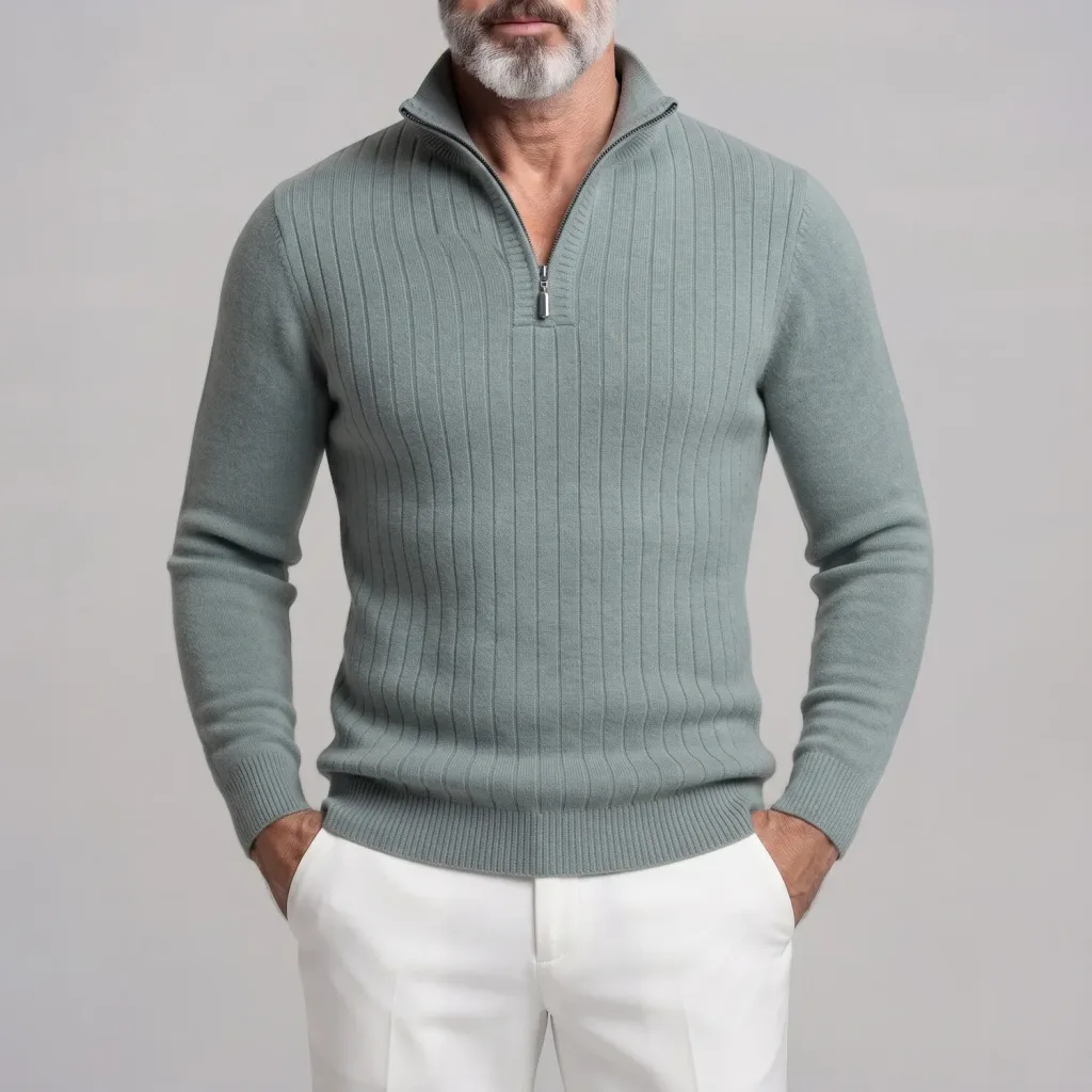 Men's Aqua Green Ribbed Knit Stand Collar Half-Zip Slim Fit Casual Sweater