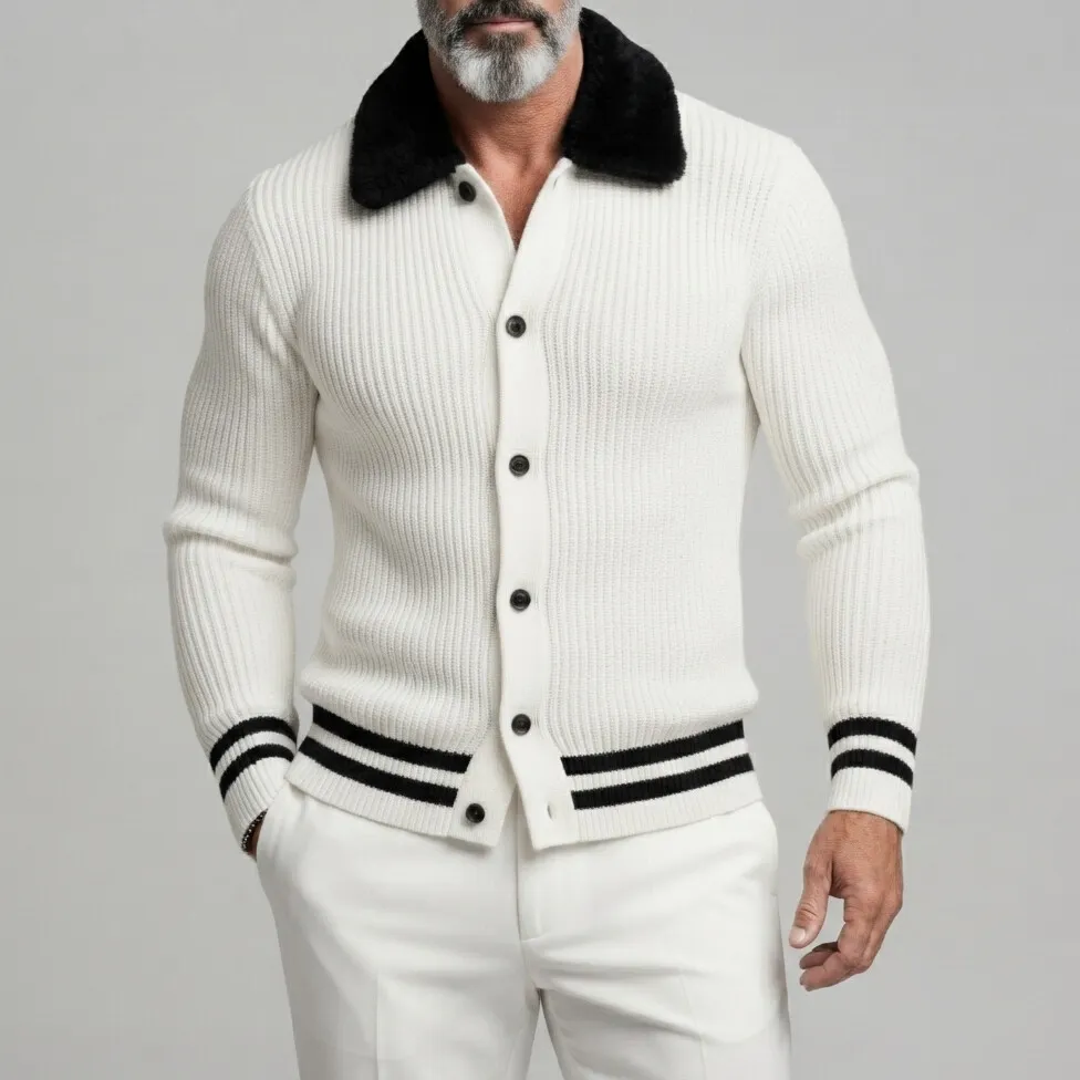 Men's White Ribbed Knit Contrast Fuzzy Collar Striped Trim Single Breasted Cardigan