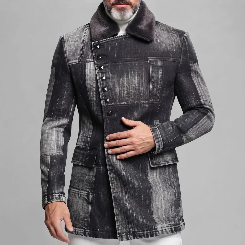 Men's Dark Gray Colorblock Fuzzy Collar Asymmetric Stud-Button Denim Jacket