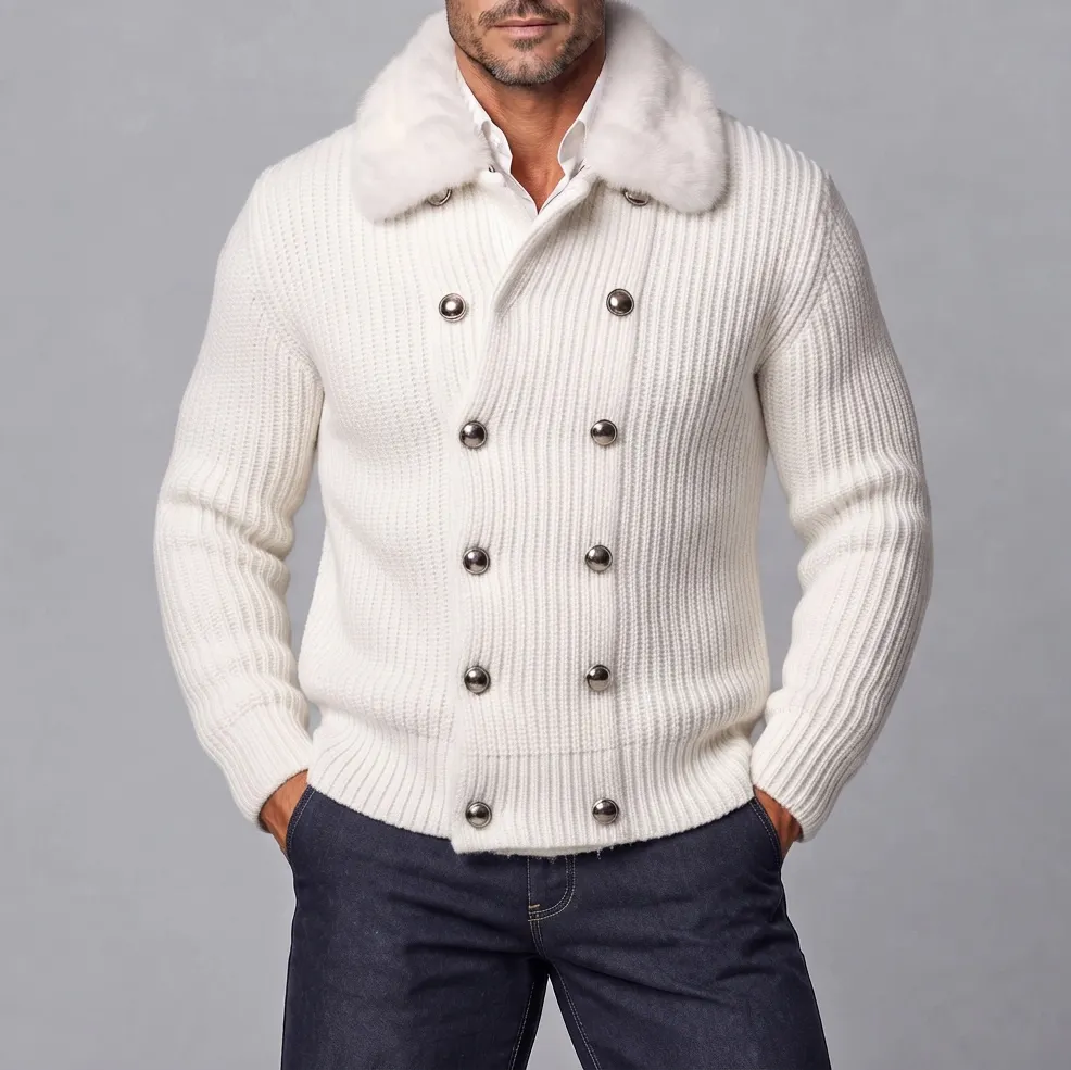 Men's White Fluffy Collar Double-Breasted Ribbed Knitted Sweater Cardigan