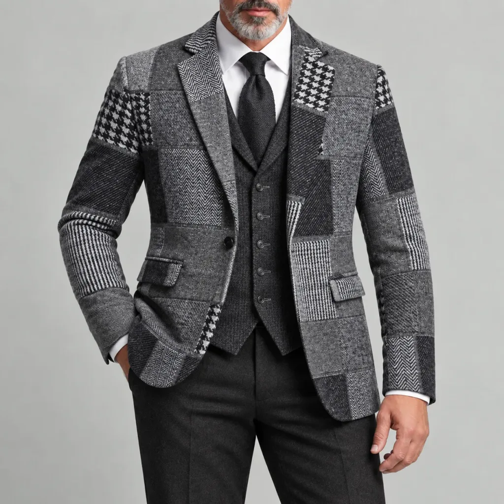 Men's Colorblock Houndstooth Herringbone Pattern Notch Lapel Vintage Formal Blazer