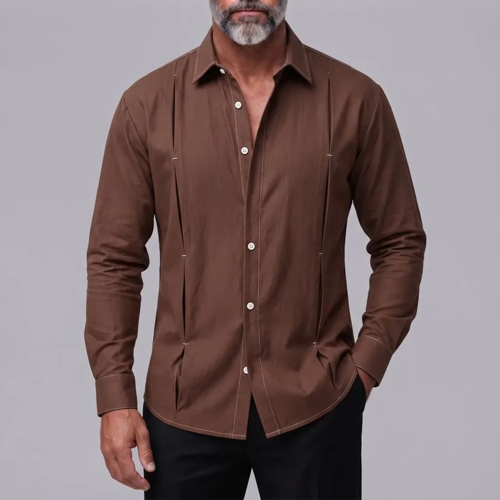 Men's Solid Color Turndown Collar Contrast Stitching Pleated Front Button-Up Long Sleeve Shirt