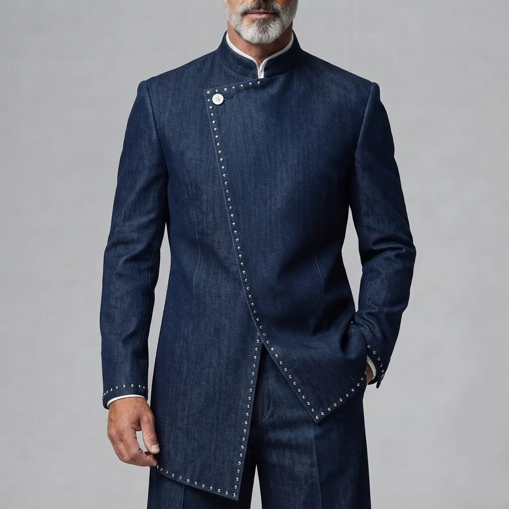 Men's Navy Blue Denim Stand Collar Asymmetric Hem Sudded Decor Jacket