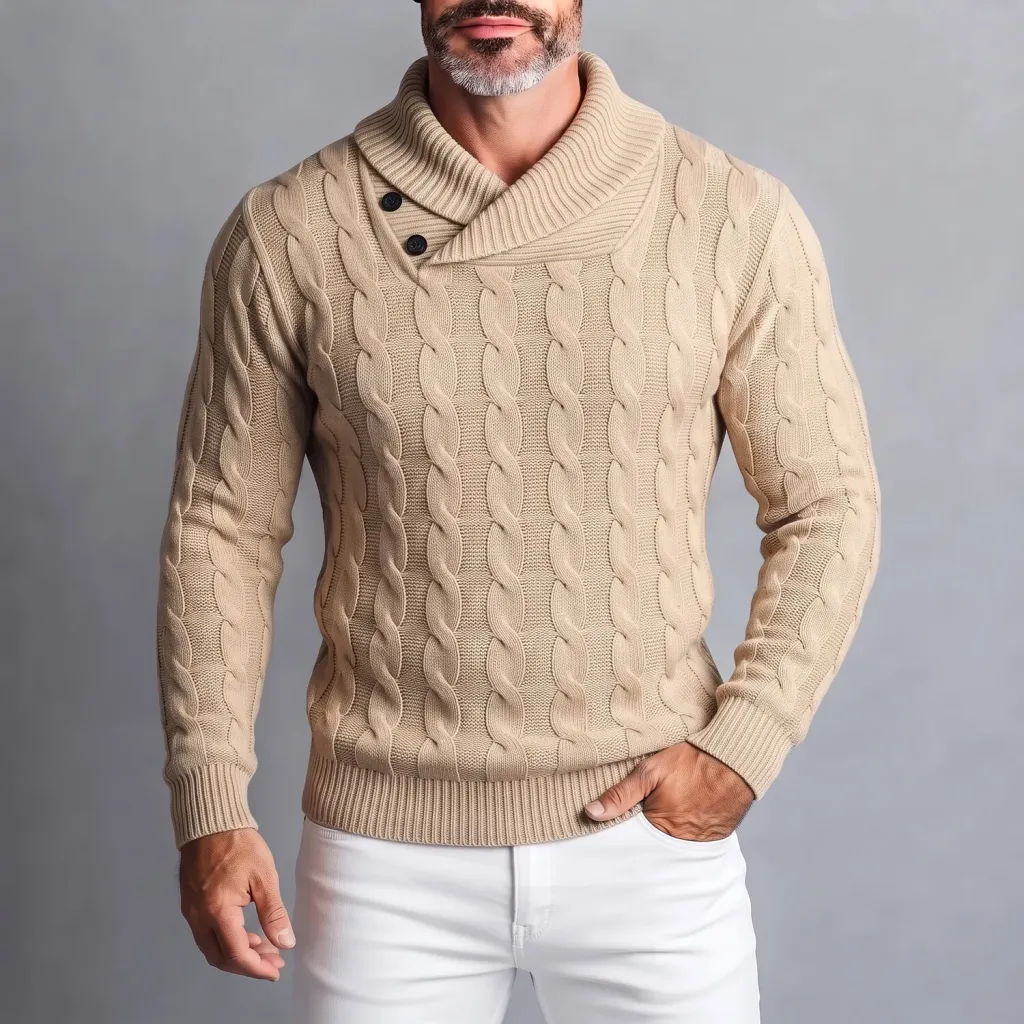 Men's Khaki Classic Twist Texture Asymmetric Button Shawl Collar Cable Knit Pullover Sweater