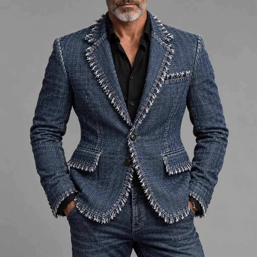 Men's Vintage Frayed Edge Notch Lapel Single Breasted Slim Fit Denim Blazer