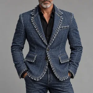 Men's Vintage Frayed Edge Notch Lapel Single Breasted Slim Fit Denim Blazer
