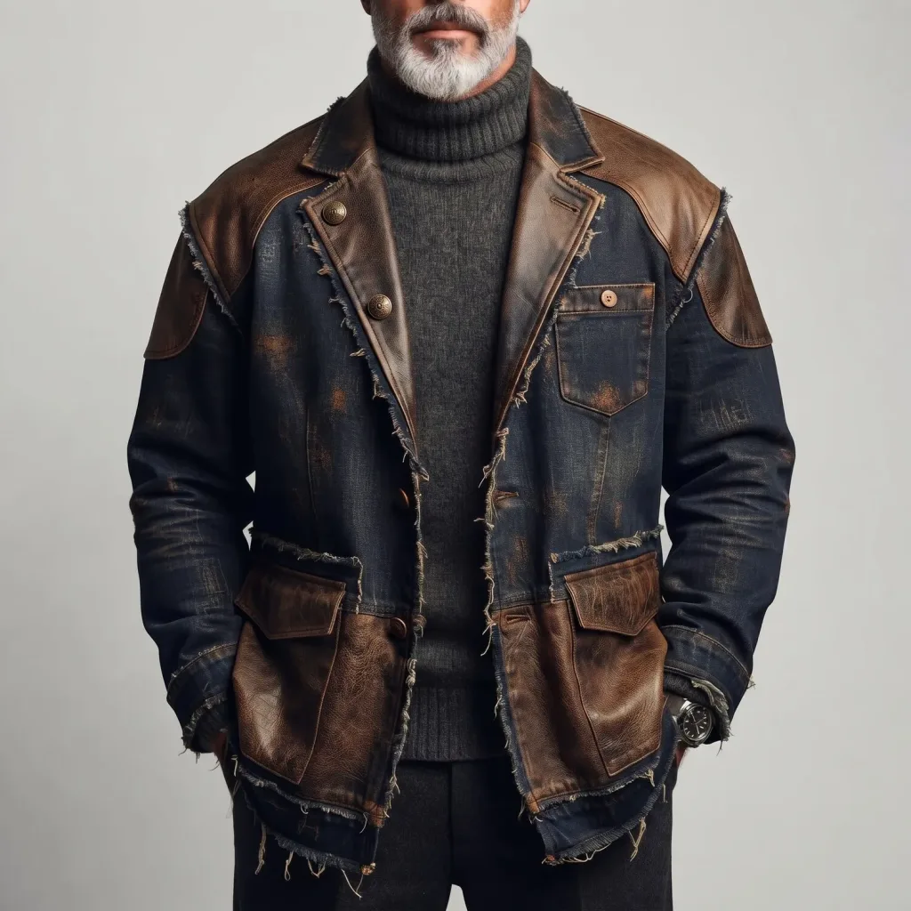 Men's Vintage PU Leather Patchwork Notch Lapel Frayed Trim Distressed Denim Jacket